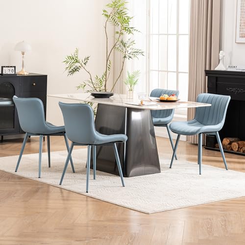 YOUNUOKE Mid-Century Modern Dining Chairs Set of 2, Blue PU Leather | Faux leather upholstery with blue metal legs. Fits dining room, kitchen, and guest reception. Easy to clean. Armless design. - color: All Blue