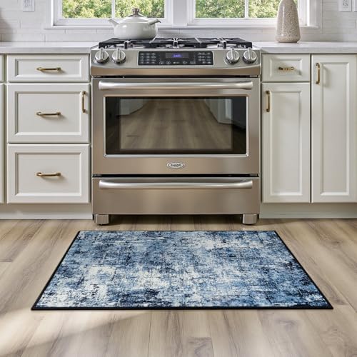 Rugflix 2x3 Entrance Rugs, Washable Navy Blue Dark Entry Small Rug | Stain-Resistant; Low Pile; Non-Slip; Modern Abstract; Black Small Carpet for Entryway Kitchen Bathroom Bedroom - color: 01-ocean Blue, size: 2' x 3' (Rectangular)