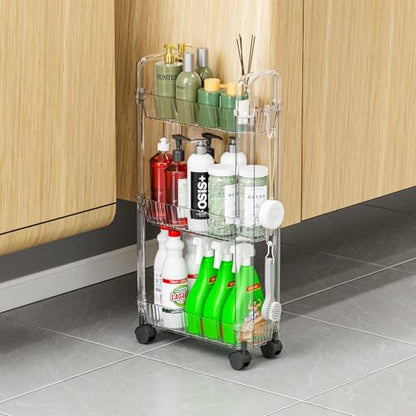 3 Tier Slim Rolling Storage Cart with Wheels for Small Space,Clear Modern Design Slim Utility Cart Suitable as Bathroom Cart Organizer Shelf,Skinny Bathroom Storage Rack,Narrow Laundry Cart on Wheels
