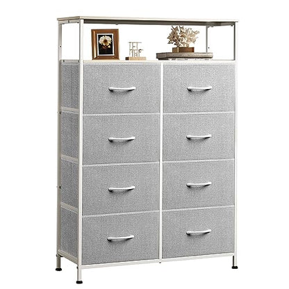 WLIVE 8 Drawer Fabric Dresser Open Shelves, Tall Bedroom Chest, Light Grey | Light Grey 8 fabric drawers plus open shelves, steel frame with wood top, great for bedroom closet entryway and dorm storage - color: Light Grey, style: Raised Shelves
