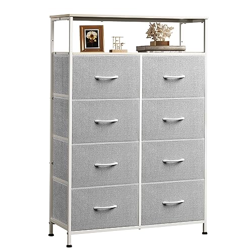 WLIVE 8 Drawer Fabric Dresser Open Shelves, Tall Bedroom Chest, Light Grey | Light Grey 8 fabric drawers plus open shelves, steel frame with wood top, great for bedroom closet entryway and dorm storage - color: Light Grey, style: Raised Shelves
