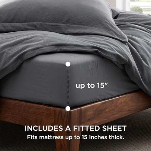 Bedsure Prewashed Duvet Cover Full with Fitted Sheet, 4Pcs, Dark Grey | 4-Piece Set, 15-Inch Deep Pocket, Ultra Soft, Relaxed Texture, Breathable, Zipper Closure, 8 Corner Ties, Easy Care - color: 01 - Dark Grey (No Comforter), size: Full (With Fitted She