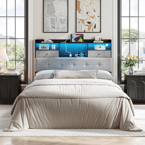 Maupvit Headboard Full Size with Storage, Full Headboard Only with 2 Drawers, Charging Station and LED Lights, Upholstered Headboards Easy Assembly, Black&Grey - color: Black, size: Full