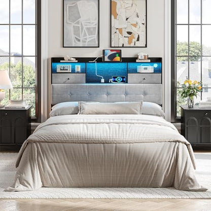 Maupvit Headboard Full Size with Storage, Full Headboard Only with 2 Drawers, Charging Station and LED Lights, Upholstered Headboards Easy Assembly, Black&Grey - color: Black, size: Full