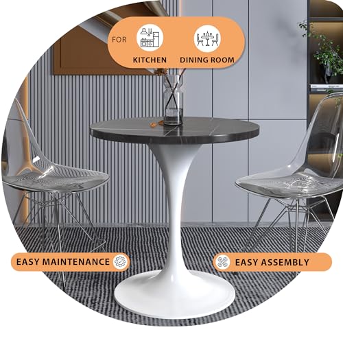 LeisureMod Verve Modern Dining Table 27" Round Sintered Stone Tabletop and White Stainless Steel Pedestal Base for Kitchen and Dining Room, Black - color: Black Stone, size: 27 inch Wide