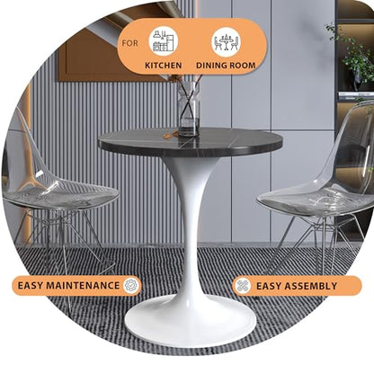 LeisureMod Verve Modern Dining Table 27" Round Sintered Stone Tabletop and White Stainless Steel Pedestal Base for Kitchen and Dining Room, Black - color: Black Stone, size: 27 inch Wide