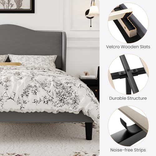 SHA CERLIN Queen Size Bed Frame with Curved Wingback Headboard, Soft Grey | Modern Luxury Design Velvet Platform Bed with Sturdy Wooden Slats,Noise-Free, No Box Spring Needed, Easy Assembly - color: Soft Grey, size: Queen