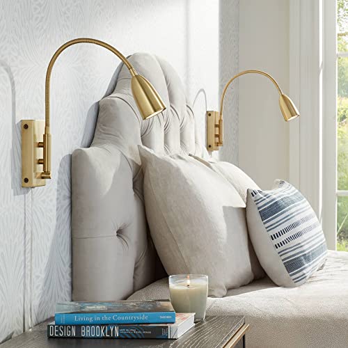 Lido Gold Gooseneck Plug-In LED Reading Wall Lamps Set of 2 Modern | Warm Metal Adjustable Arm for Bedroom Bathroom Vanity Living Room Home Hallway Dining Family Kitchen House