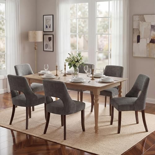 UVV Wooden Dining Chairs Set of 6, Mid Century Upholstered Dining Room Chair Kitchen Chairs, Chenille Dinner Chair with Solid Wood Legs for Kitchen Dining Room, Dark Grey - color: Dark Grey, size: Set of 6