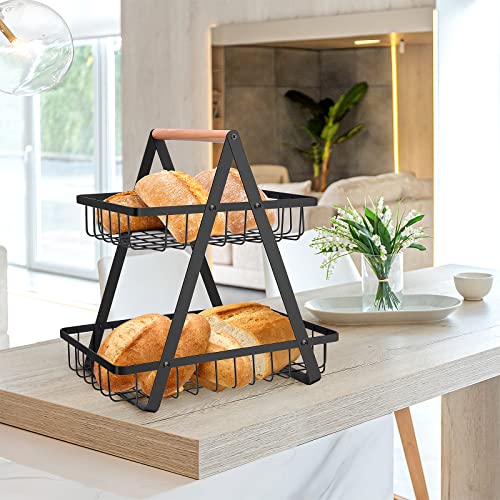 mahueeol 2-Tier Metal Fruit Basket for Kitchen Counter with Wooden Handle | Detachable rectangular baskets hold fruits, vegetables, bread and snacks; use stacked or separately in kitchens and pantries - color: Black