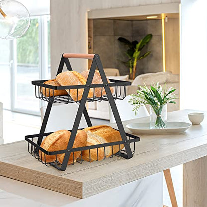mahueeol 2-Tier Metal Fruit Basket for Kitchen Counter with Wooden Handle | Detachable rectangular baskets hold fruits, vegetables, bread and snacks; use stacked or separately in kitchens and pantries - color: Black