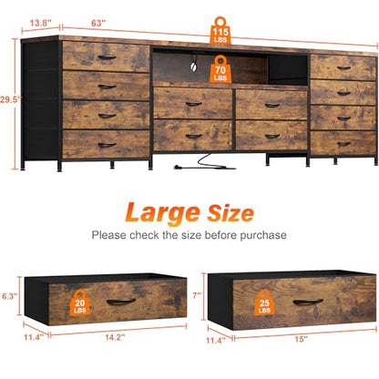 EnHomee 12 Drawers Dresser for Bedroom,TV Stand Fits 55/65/70 inch TVs | Entertainment Center with LED Lights & Power Outlets,Long Fabric Dresser with 2 Wood Shelves for Living Room,Brown Wood Grain - color: Brown Wood Grain