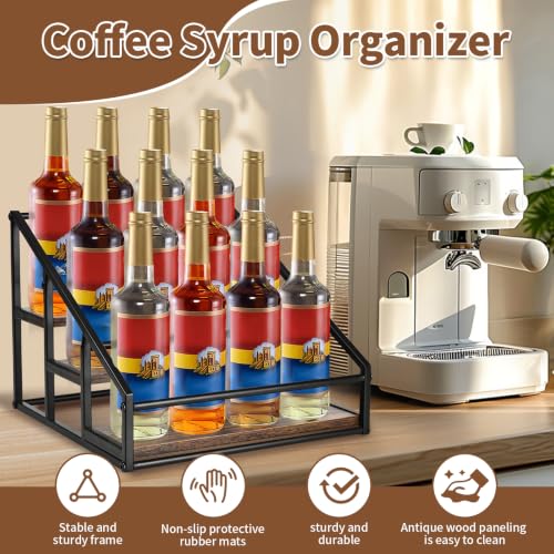 YQBRAO 3-Tier Coffee Syrup Organizer, 12-Bottle Rack, Rustic Brown | Holds up to 12 bottles with stepped visibility and a compact footprint for coffee bars, kitchens, and syrup stations. - size: 3 Tier 12 Bottle Syrup Rack - 1 Pack