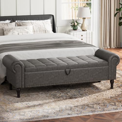 YOUDENOVA Ottoman with Storage, 60" End of Bed Bench with Rolled Arms, Upholstered Storage Bench with Vintage Rivets for Bedroom, Living Room, Entryway, Gray - color: Grey, size: 60 Inches
