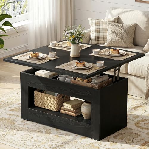 UNIQUITE 40" Lift Top Coffee Table, 4 in 1 Multi-Function Lift Coffee Tables with Storage and Hidden Compartment, Convertible Wood Coffee Tables to Dining Table for Living Room, Black - color: Black