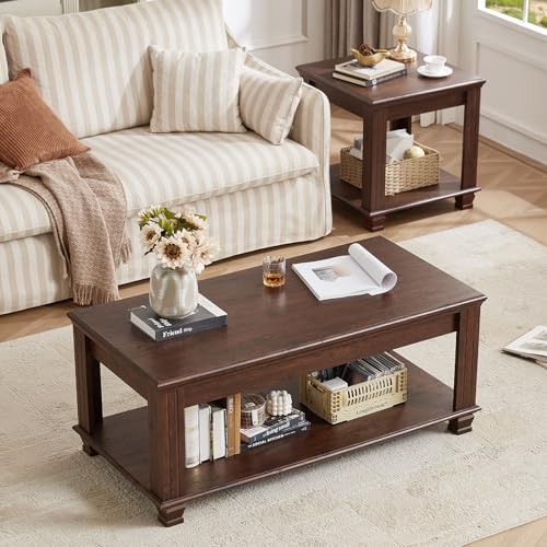Farmhouse Coffee Table Set of 3, Walnut | Rustic Wood 3 Piece Coffee and End Table Sets with Open Shelf for Living Room - color: Walnut