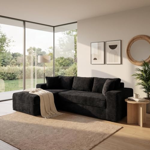 Boneless Couch Modular Sectional Sofa Cloud Couch | Oversized Deep-Seat Wide-Wale Corduroy L-Shaped Sectional Couch for Living Room, Apartment and Family Room - color: Black 105'' Left Facing Chaise