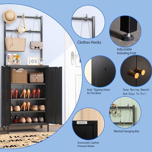 2in1 Hall Tree Shoe Cabinet for Entryway, Hallway, and Living Room,Metal Shoe Coat Rack Cabinet with 3 Adjustable Shelf,Shoe Storage Organizer with Hanging Bar & Hooks (Cabinet With Coat Rack, black) - color: Black, style: Cabinet With Coat Rack