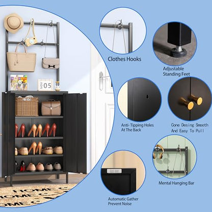 2in1 Hall Tree Shoe Cabinet for Entryway, Hallway, and Living Room,Metal Shoe Coat Rack Cabinet with 3 Adjustable Shelf,Shoe Storage Organizer with Hanging Bar & Hooks (Cabinet With Coat Rack, black) - color: Black, style: Cabinet With Coat Rack