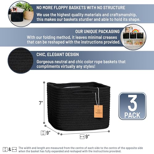 NaturalCozy Storage Cubes 9”x9”x7”Cotton Rope Woven Baskets for Organizing 3-Pack | 9 Inch Cube Storage Bin | Small Basket for Shelf Nursery, Pantry, Decorative Plant, Bathroom Closet, Toy Gift - color: Black