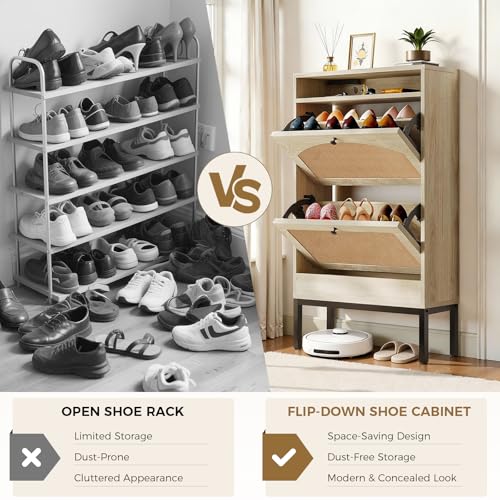 LUCKLIFE Shoe Cabinet with Charging Station, Flip Down Shoe Storage Organizer with Adjustable Shelves, Hidden Slim Shoe Rack with Anti-Tip Kit for Entryway or Hallway (Oak Rattan)