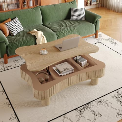 Zurnes Lift Top Coffee Table with Storage, 42" Accent Table for Living Room, Fluted Panel Hidden Storage, Silent Hydraulic Lift, Curved Corners, Easy Assembly, Natural Wood - color: Natural Wood