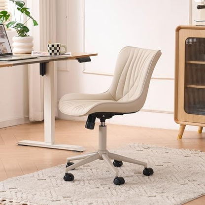 YOUTASTE All Cream Office Chair, Modern Armless Desk Chair with Back, Adjustable Swivel Rolling Faux Leather Task Chair with Wheels Metal Base for Home Office, Study, or Vanity - color: All Cream