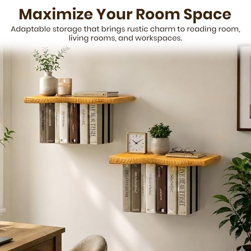 Pine Wood Floating Shelves for Wall, 2 Pack, 15.7 Inch, Light Brown | Two live edge pine shelves with hidden brackets; each 15.7 inches long and supports books, photos or plants up to 66 lb. - color: Light Brown