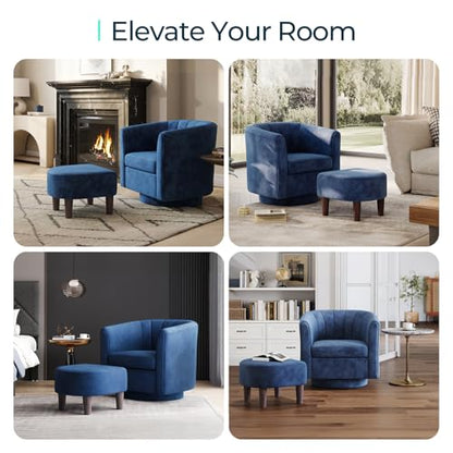 LINSY Small Swivel Accent Chair with Ottoman, Velvet Barrel Chair with Footrest, Modern Upholstered Comfy Reading Chair Armchair for Living Room, Bedroom, Study Room, Office, Blue - color: Blue, size: Small