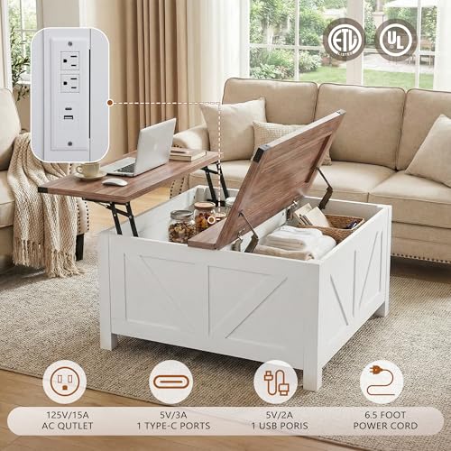 35” Farmhouse Coffee Table with Large Storage, Rustic Wood Lift Top Coffee Table for Living Room, Square Center Table with Charging Station&USB, Modern Port Pottery Barn Lift top Table - color: White