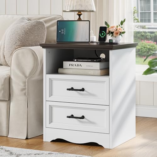 Farmhouse Nightstand with Charging Station, End Table with 2 Drawers Storage, Space-Saving Wood Storage Cabinet with Unique Base Design, Bedside Table for Bedroom, Living Room, White - color: White, size: 1 Piece