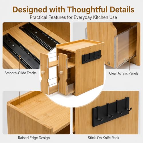 Pull Out Spice Rack Organizer for Cabinet or Countertop, Bamboo | 2-tier bamboo spice organizer with dual pull-out shelves for cabinets, countertops, pantries and coffee bars