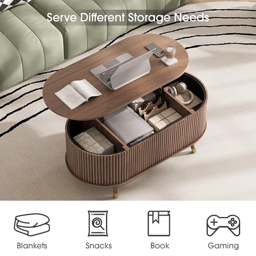 SULIVES Oval Coffee Table with Storage, Multifunctional Lift Top Drum Coffee Table, Small Fluted Center Table for Living Room, Walnut - color: Walnut_oval