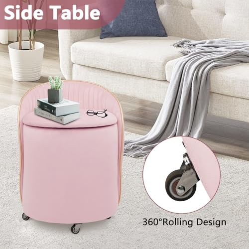 Round Storage Ottoman, Upholstered Velvet Vanity Stool with Lumbar Support, Swivel Rolling Wheels, Small Foot Stools Coffee Table Padded Seat for Makeup Room, Living Room, Bedroom (Pink) - color: Pink