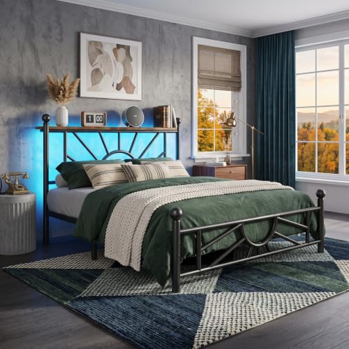 Homkdom Twin Metal Bed Frame with Victorian Headboard & Storage Shelf | Under-Bed Storage for Teens Room & Apartments, Slip Resistant, LED lights, No Box Spring Needed, 1300lbs stability, Black - color: Black, size: Twin