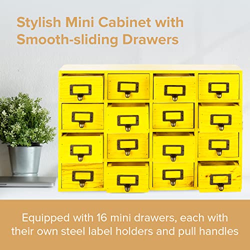 Yellow 16-Slot Wooden Drawer Unit - Country Style Desk Organizer - 20"x3.6”x14” Wooden Storage Box w/ 16 Drawers - Countertop Drawers w/Label Holder & Handle - Slim 4-Level Desk Organizer - color: 16 Drawer Golden Yellow