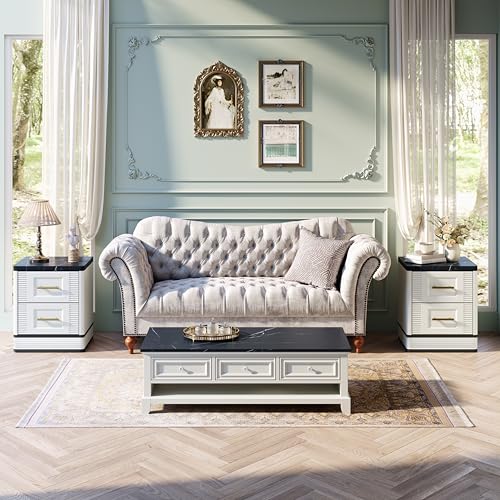 RECHHX Small Dresser for Bedroom, Farmhouse Marble-Effect Nightstand with 2 Drawer for Narrow Spaces, Thermoformed Curved End Table for Bedroom, Living Room, White