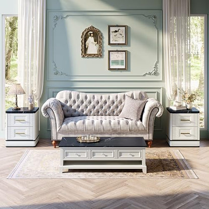 RECHHX Small Dresser for Bedroom, Farmhouse Marble-Effect Nightstand with 2 Drawer for Narrow Spaces, Thermoformed Curved End Table for Bedroom, Living Room, White