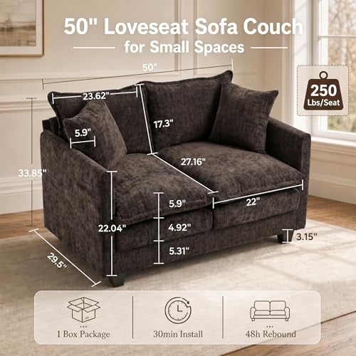 50" Love Seat, Small Cloud Sofa Couch with 2-Layer Cushion & 27" Deep Seat, 2 Pillows for Small Spaces, Bedroom, Apartment, Office, Living Room, in a Box, Brown - color: Brown, size: Loveseat