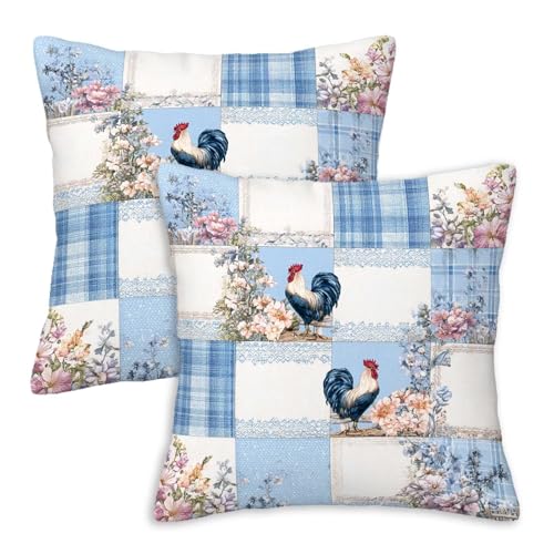 Firmiso Farmhouse Rooster Throw Pillow Covers 18x18 Set of 2｜Country Rustic Chicken Cushion Covers for Couch Sofa Bed｜Blue White Patchwork Pillow Cases｜Cottage Kitchen Barn Home Decor - color: Farmhouse Rooster