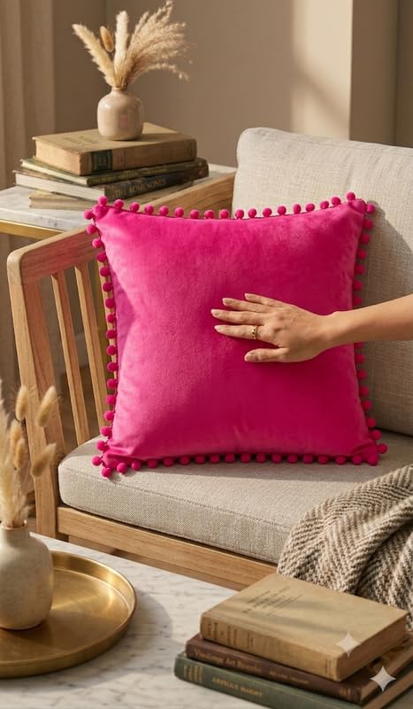 WWW.THROWPILLOW.IN Hot Pink Solid Cotton Cushion Cover with Pom Pom Preppy Decorative Throw Pillow Cover for Dorm Room,Feminine Chic Home Decor Accent Large Square Cushion 20x20 Inches
