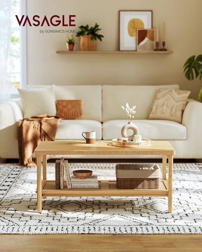 VASAGLE 2-Tier Coffee Table for Living Room, Rectangular Living Room Table, with PVC Rattan Storage Shelf, Rounded Corners, Easy Assembly, Boho Style, 21.7 x 39.4 x 17.7 Inches, Oak Beige ULCT240Y57 | Rectangular Living Room Table, Rounded Corners, Easy A