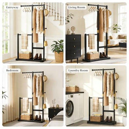 Solid Wood Coat Rack, Freestanding Standing Clothes Rack with Double Hanging Rods for Coats, Jackets, Wooden Coat Tree Garment Rack for Bedroom Entryway Hallway, Space Saving Small Coat Rack - color: Black