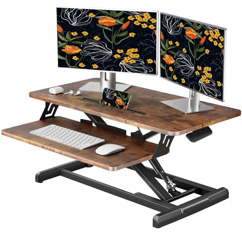 JOY worker Standing Desk Converter, 32" Height Adjustable Sit Stand Riser | Rustic Brown Table Top Stand Up desk with Fixed Keyboard Tray, Monitor and Laptop Workstation, Particle Board, Home Office - color: Rustic Brown, size: 32 Inch