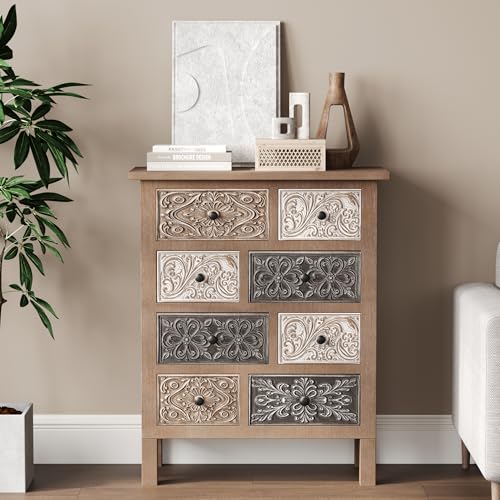 COSIEST Vintage Accent Cabinet with 8 Hand-Carved Drawers, Boho Rustic Wood Storage Chest, Fully Assembled Distressed Apothecary Console for Entryway, Living Room & Bedroom - size: 12.6"D x 25.7"W x 32"H (8 Drawers)