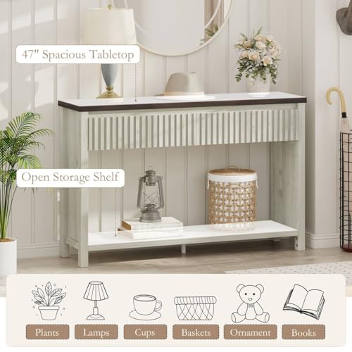 47In Entryway Table with Drawers, Sofa Tables with Storage | Console Tables for Entryway, Two-Tier Narrow Hallway Tables, Modern Fluted Panel, Walnut and Washed Grey Oak - color: Walnut and Washed Grey