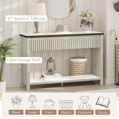 47In Entryway Table with Drawers, Sofa Tables with Storage | Console Tables for Entryway, Two-Tier Narrow Hallway Tables, Modern Fluted Panel, Walnut and Washed Grey Oak - color: Walnut and Washed Grey