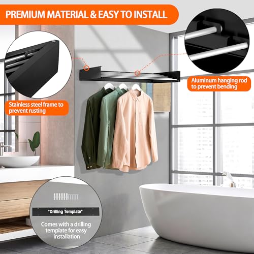 Laundry Drying Rack Wall Mounted Clothes Drying Rack Black,23.6" | Collapsible Drying Rack With 4 Aluminum Rods and Drilling Template Long Screwdriver Bit 60 lbs Capacity - color: Black, size: 23.6"