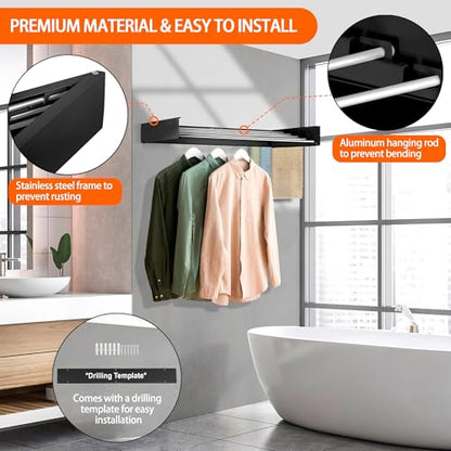 Laundry Drying Rack Wall Mounted Clothes Drying Rack Black,23.6" | Collapsible Drying Rack With 4 Aluminum Rods and Drilling Template Long Screwdriver Bit 60 lbs Capacity - color: Black, size: 23.6"