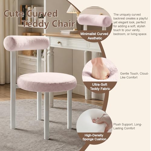 Cute Small Armless Desk Chair, Ergonomic Comfy Vanity Chairs Lumbar Support with Back for Makeup, Teddy Fabric Computer Desk Chair for Home, Bedroom, Vanity, Teens, Adults - color: Pink